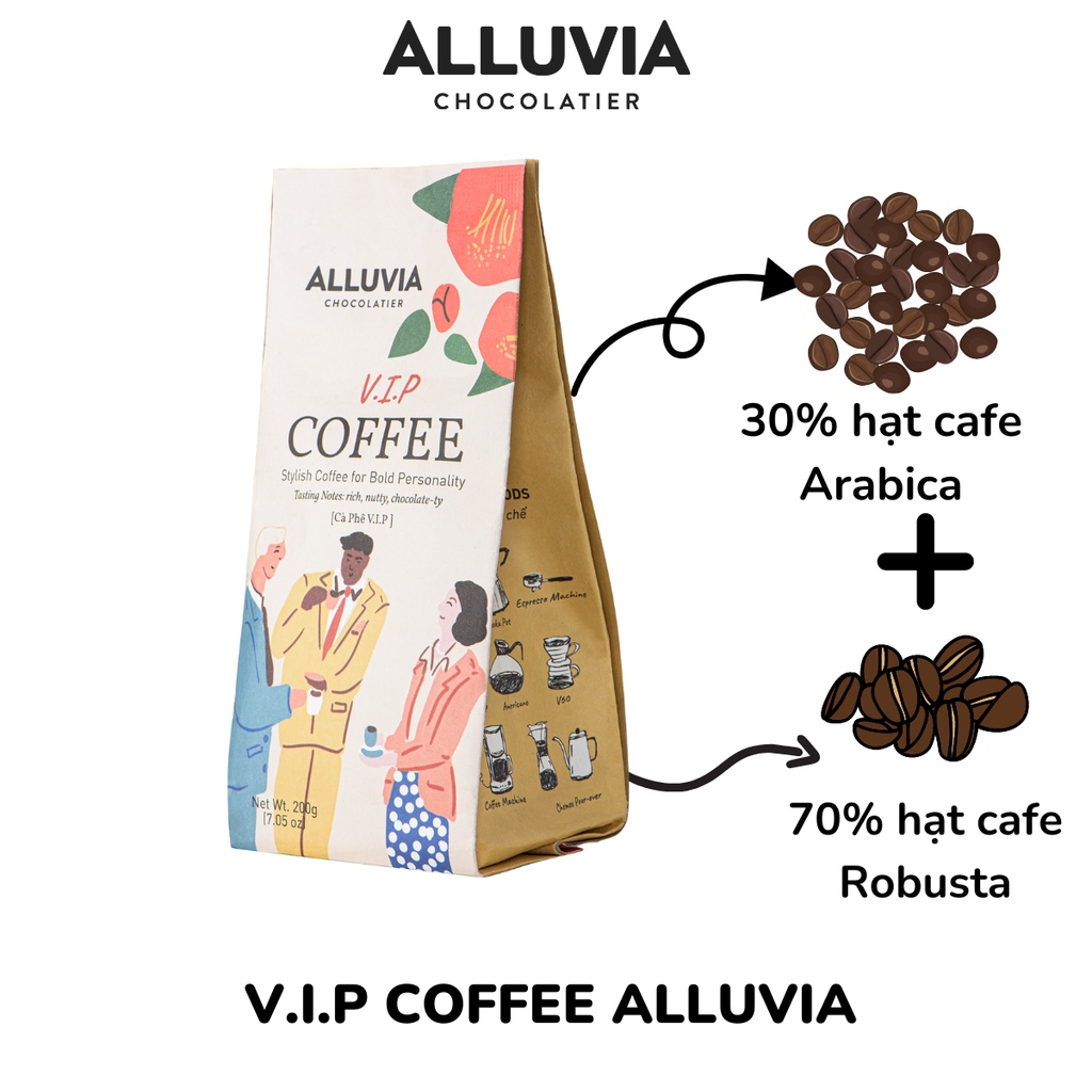 Cà phê nguyên chất rang mộc Alluvia V.I.P rang xay gói 200 gram không chất bảo quản hương vị đậm đà