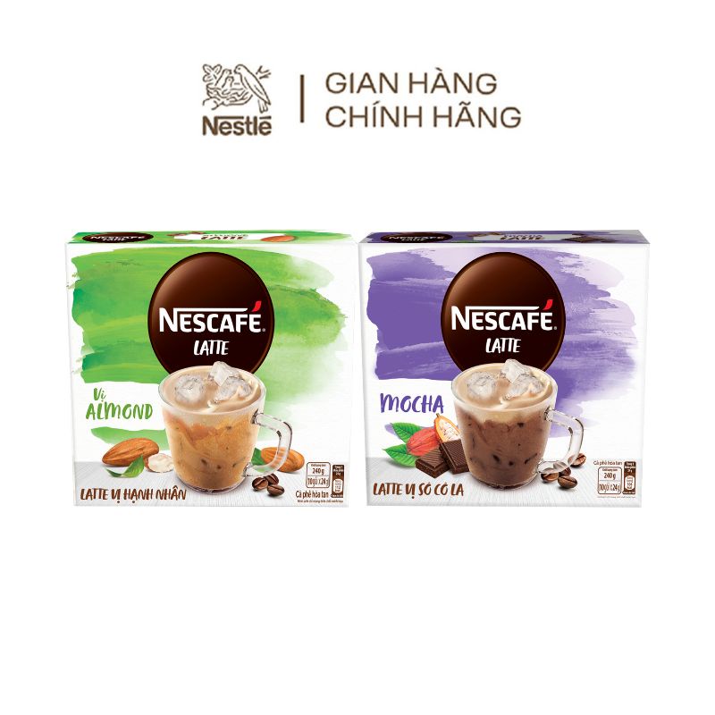 Combo Nescafé Latte vị hạnh nhân &amp; cà phê hòa tan Nescafé Latte vị sô cô la (Hộp 10 gói x 24g)