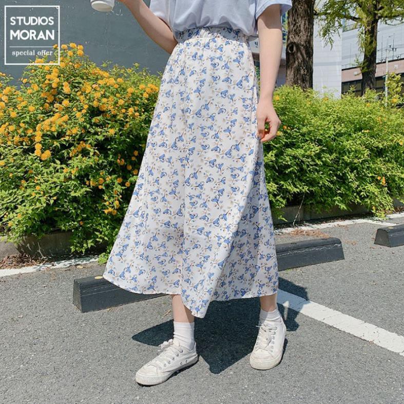 (HÀNG SẴN) Chân váy midi dáng dài hoa nhí MORAN màu xanh trắng vintage điệu đà Hàn Quốc mùa hè . ⚡