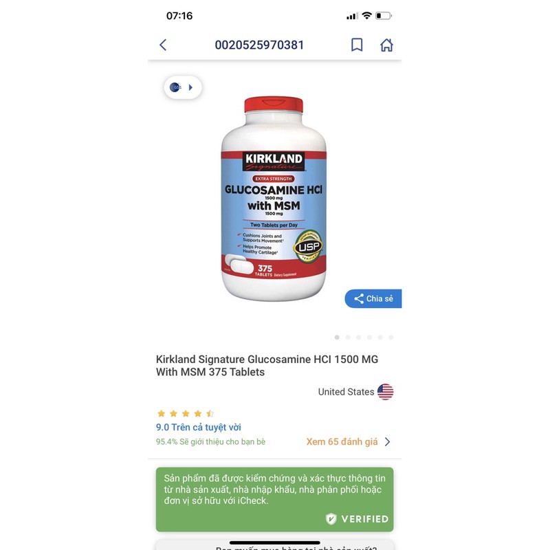 (Viên vàng) glucosamine HCL 1500mg+MSM 1500mg 375 viên