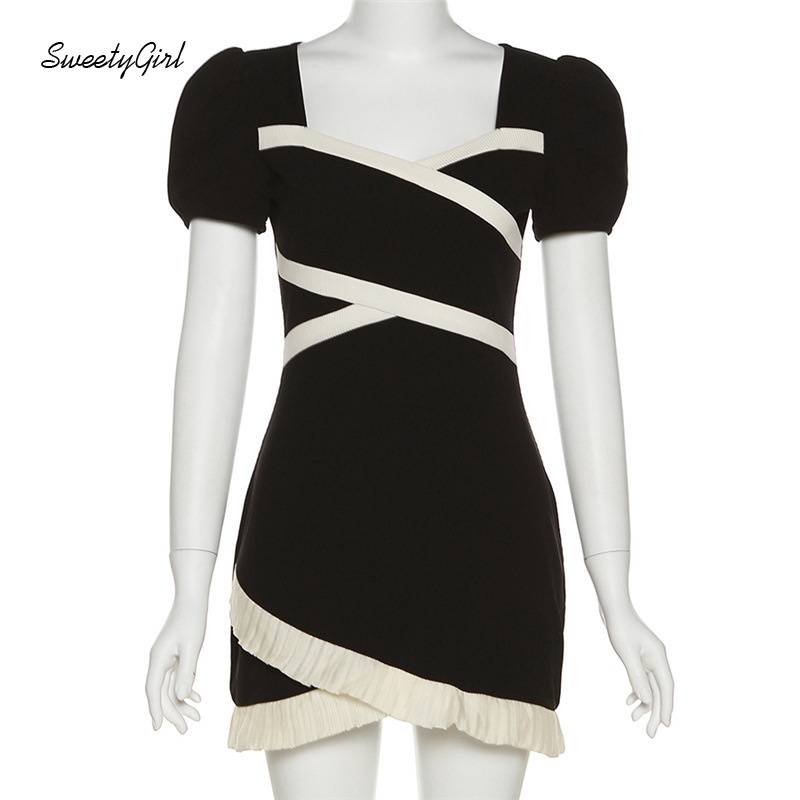 Đầm Mini Tay Ngắn Phồng Cổ Chữ V Màu Tương Phản Thời Trang 2022 Cho Nữ