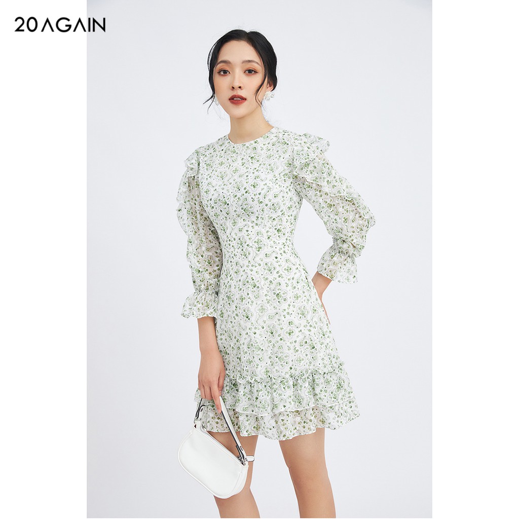 Đầm váy nữ công sở 20AGAIN đủ màu, đủ size, vải voan dài tay gấu 2 tầng bèo họa tiết DEC0054 | BigBuy360 - bigbuy360.vn