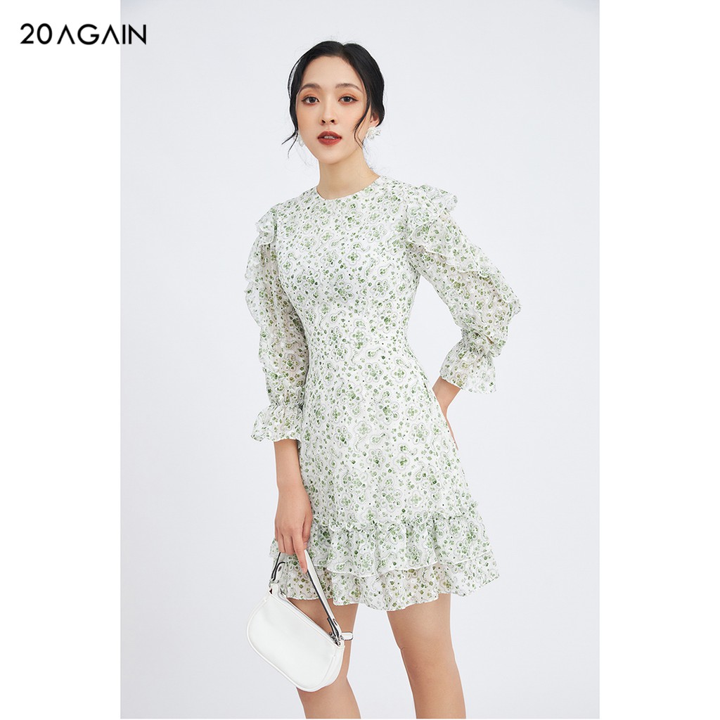 Đầm váy nữ công sở 20AGAIN đủ màu, đủ size, vải voan dài tay gấu 2 tầng bèo họa tiết DEC0054