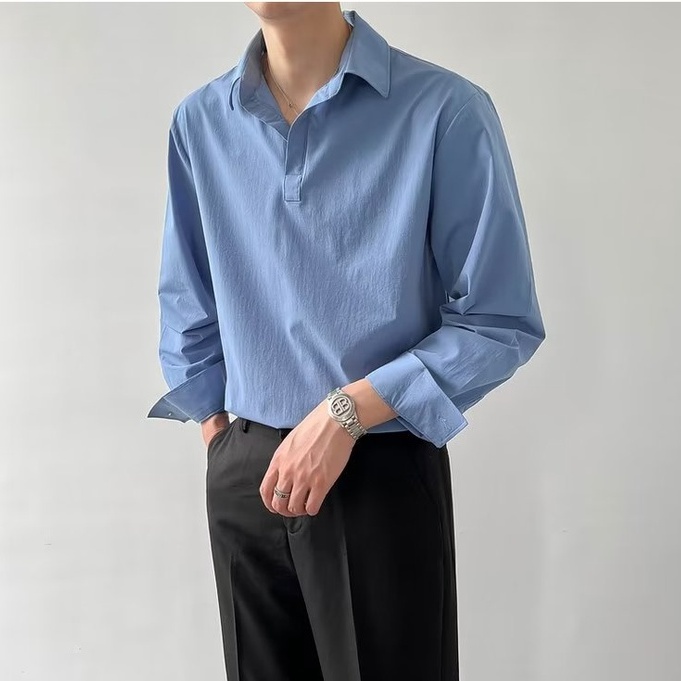 Áo Sơ Mi Tay Dài Dáng Rộng Màu Sáng Phong Cách Hàn Quốc Thời Trang Sang Trọng Cho Nam