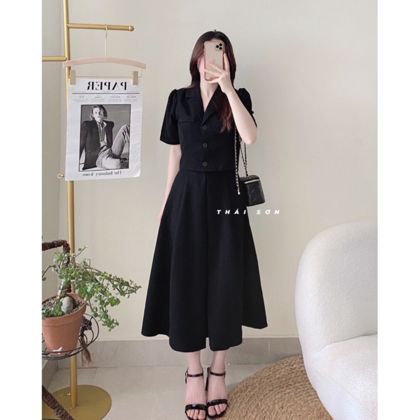 váy thiết kế ,Set Váy Nữ Áo Vest crotop mix Chân váy xếp ly dài