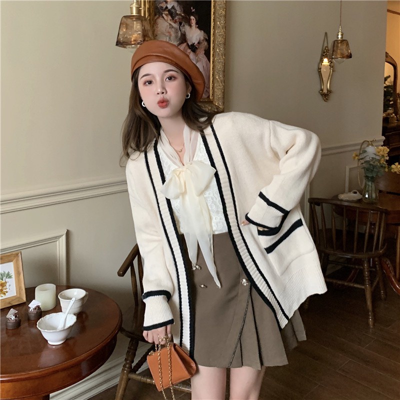 Áo Cadigan len trơn nữ màu đen trắng form rộng phối bo viền dài tay phong cách Ulzzang Basic Đi Học