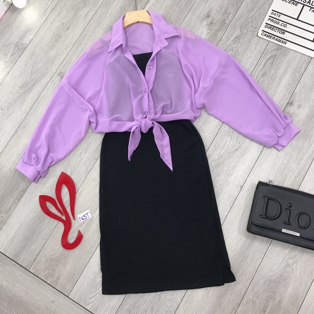 Set bộ đầm body kèm áo sơ mi voan- hàng chuẩn siêu cưng nhiều màu
