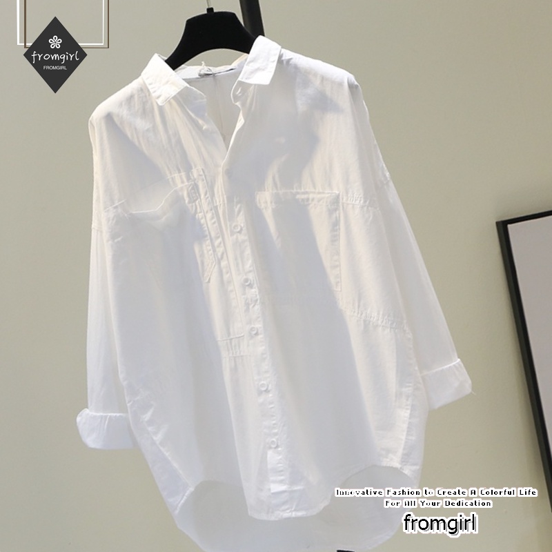 Áo sơ mi trắng dáng rộng lưng ngắn phối túi trước phong cách Hàn Quốc thời trang mùa thu 2020 dành cho nữ
