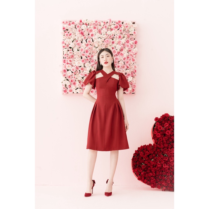 RẬP - Đầm Tay Phồng Cổ Chéo Thân Xếp Ly Hông - LOVER 06 ĐỎ