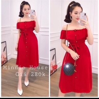 Đầm xoè bẹt vai, màu đỏ và cam đất