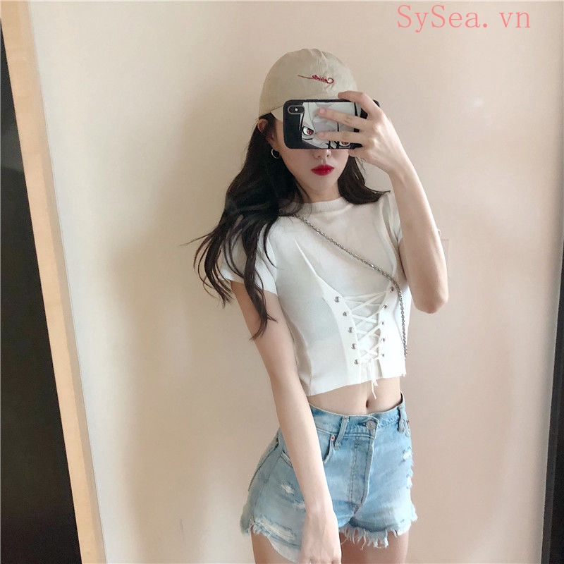 Áo Croptop Dệt Kim Tay Ngắn Thiết Kế Đơn Giản Hợp Thời Trang