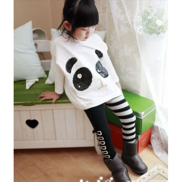 Quần legging kẻ sọc đen trắng đính nơ xinh xắn kiểu Hàn Quốc thời trang mùa thu cho bé gái