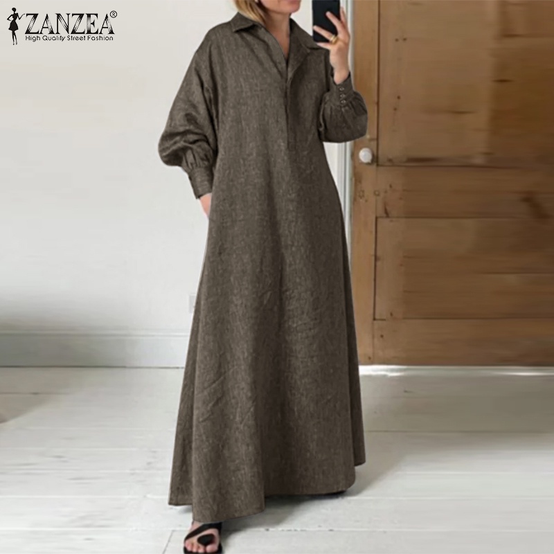 Đầm dài Zanzea cài nút cổ bẻ tay phồng thời trang cho nữ