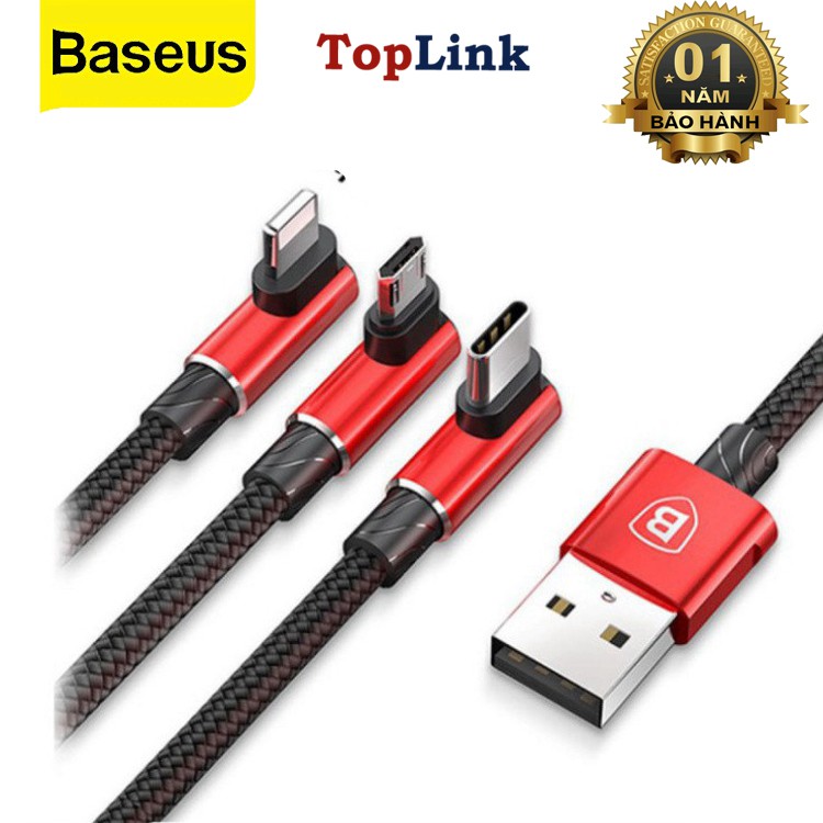 Cáp Sạc Đa Năng BASEUS Thiết Kế Gập 90 Độ Series 3 Đầu-Microusb-Type-C Dài 120cm Vừa Sạc Chơi Game