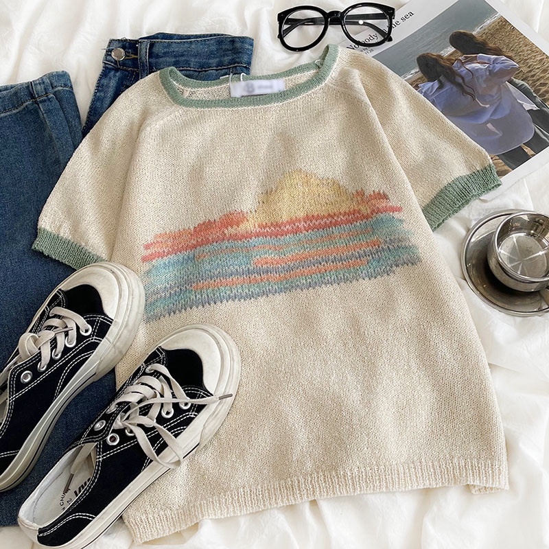 Áo Thun Dệt Kim Ngắn Tay In Họa Tiết Màu Sắc Hợp Thời Trang Hè 51937