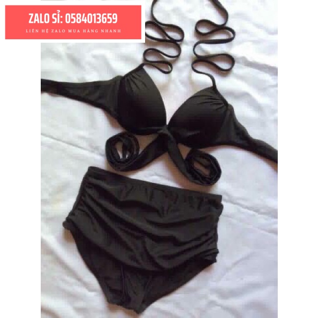 Bikini Đồ bơi hai mảnh áo chéo eo đen mix quần nhún lưng cao che bụng