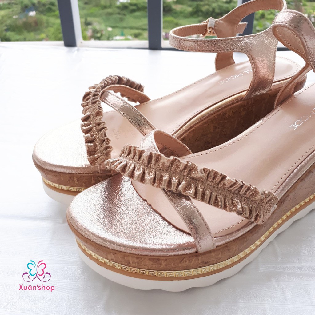 Sandal đế xuồng quai chéo viền bèo xinh xắn, cao 7cm (có sẵn)