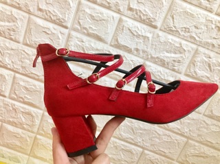 Giày da lộn gót vuông QC Đỏ