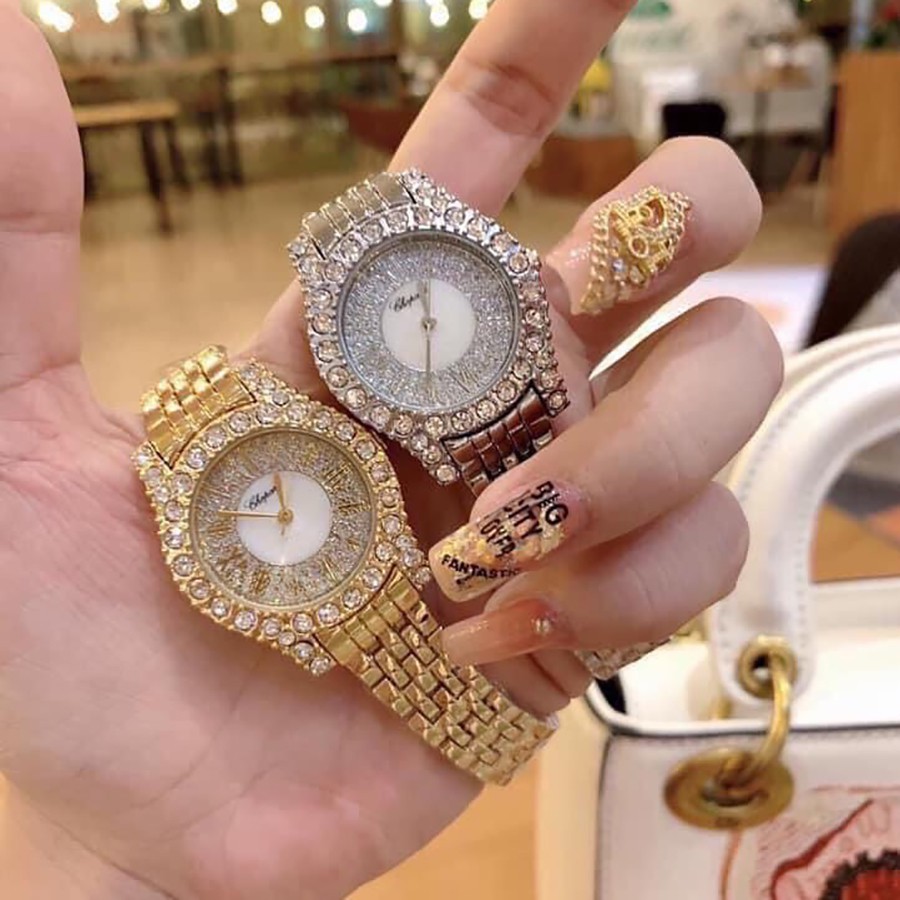 Đồng hồ nữ Chopard mặt đính đá cao cấp dây kim loại sang trọng đeo cực sáng tay và nổi bật