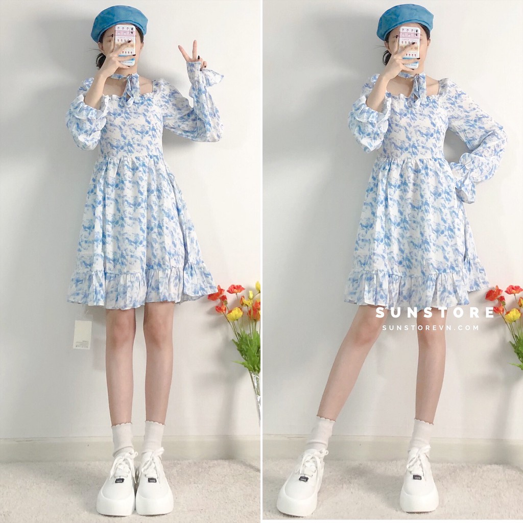 Đầm hoa nhí dáng ngắn mini váy xoè tay dài nữ họa tiết xanh trắng