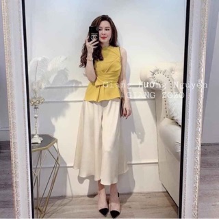 Set áo sát nách vàng kèm quần lụa tơ xuông