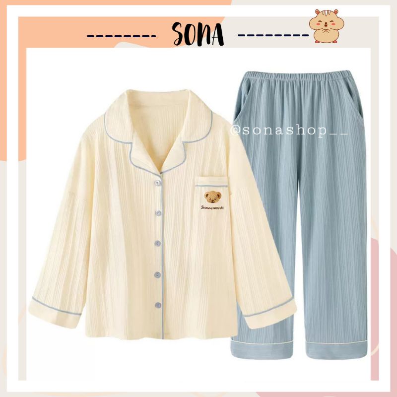 Bộ đồ ngủ/ pijama nữ in hình gấu xinh xắn vải cotton cao cấp SN22
