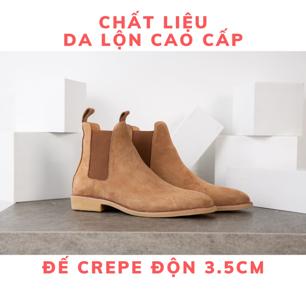 Giày thời trang nam cao cổ Chelsea boots màu nâu da lộn đế tăng 3.5cm chiều cao | BigBuy360 - bigbuy360.vn