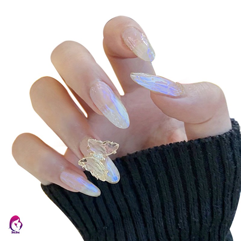 【 móng tay giả 】 24PCS Blue light water butterfly long Aurora Mermaid Manicure patch removable False nails