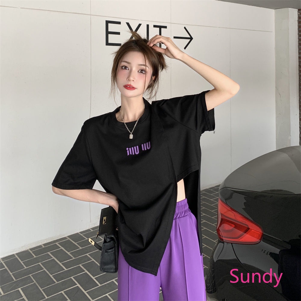 Set Áo Thun Đen Ngắn Tay + Quần Dài Xẻ Tà Thời Trang Nữ