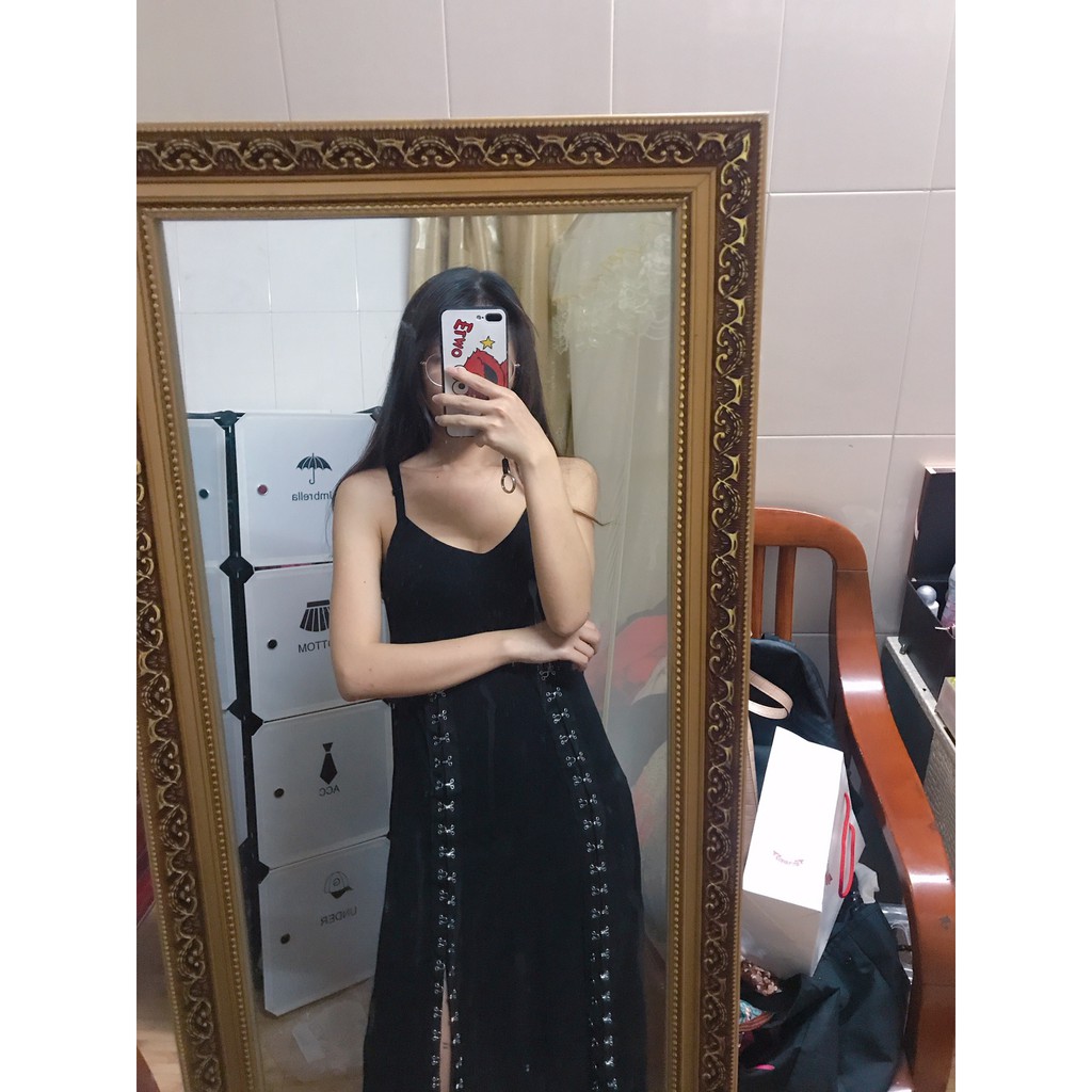Set đầm đen + hoodie croptop ulzzang dài 2 dây xẻ tà móc kim loại cá tính độc chất lạ full black