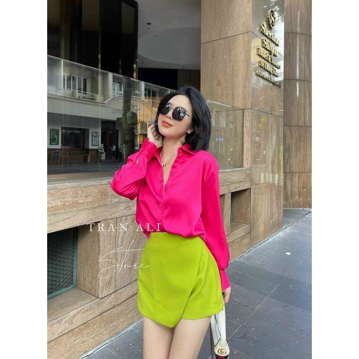 [8.8 Sales Freeship] Set bộ sơ mi công sở, set bộ màu nổi hot trend sơ mi tay dài, chân váy vạt lệch cá tính