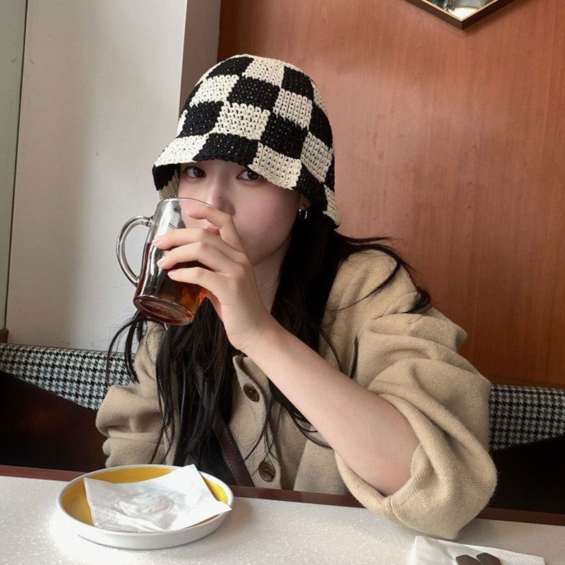 Mũ Bucket Đan Cói Vành Rộng Họa Tiết Bàn Cờ Vua Thời Trang Xuân Hè Cho Nam Và Nữ