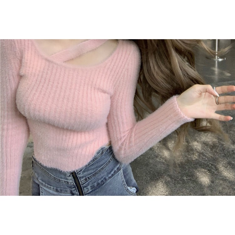 Áo sweater dệt kim ngắn tay dài thiết kế đơn giản thời trang thu đông