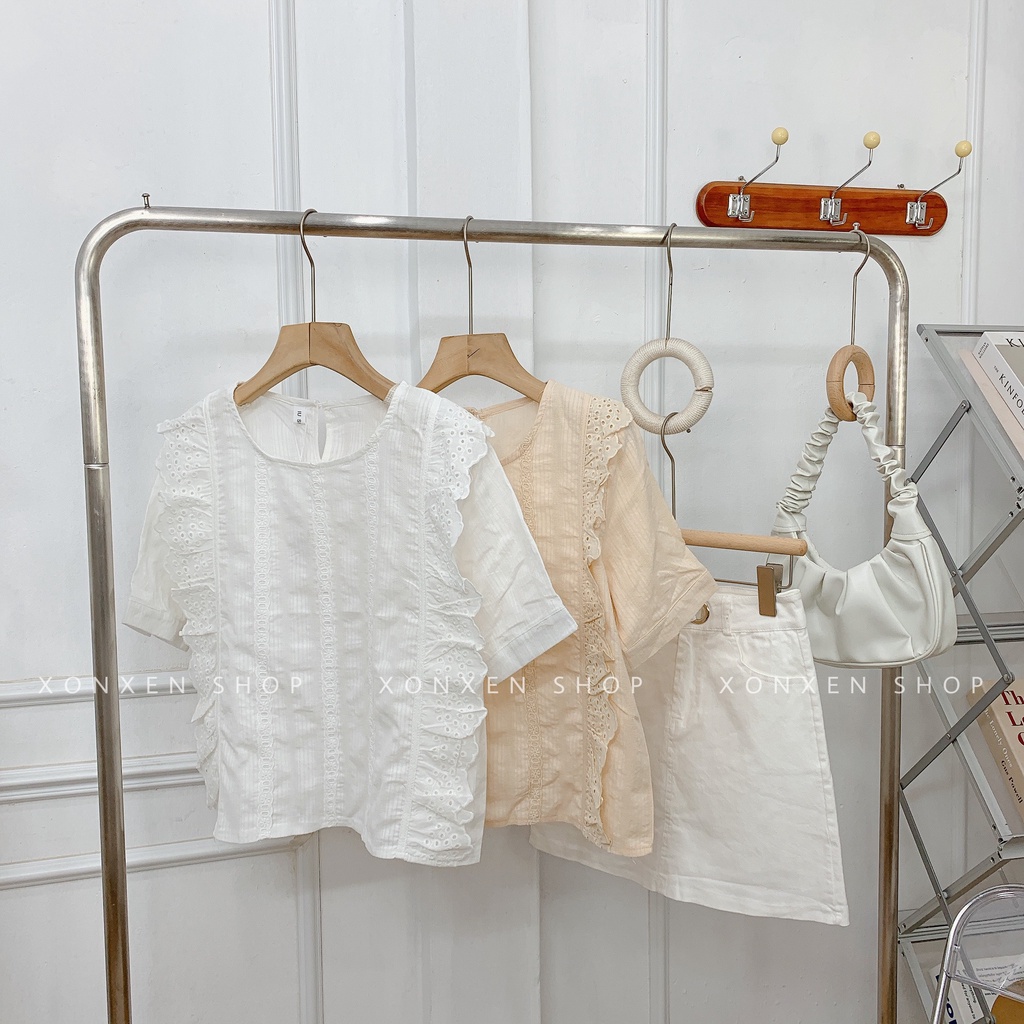 ÁO KIỂU NỮ áo kiểu tiểu thư phối đường ren dễ thương chất vải mịn mát XONXEN SHOP freesize mã 3365