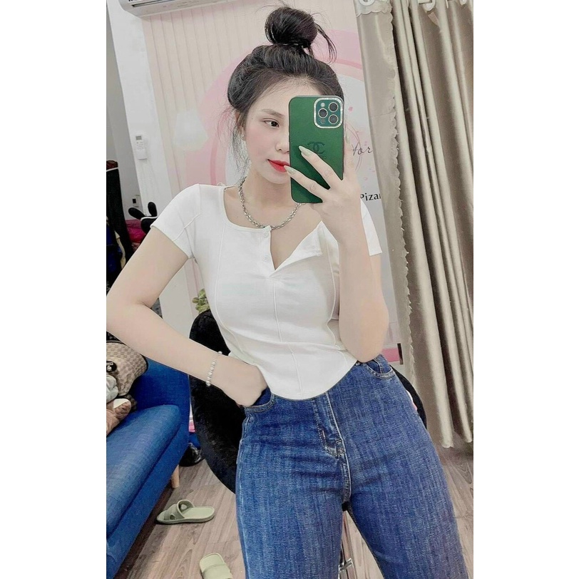 Áo nữ cổ vuông nút vạt bầu xinh may li bozip thun đẹp