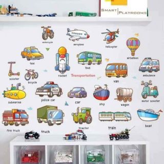 Combo 3 tờ decal từ vựng tiếng anh chủ đề phương tiện giao thông, con vật, thực phẩm