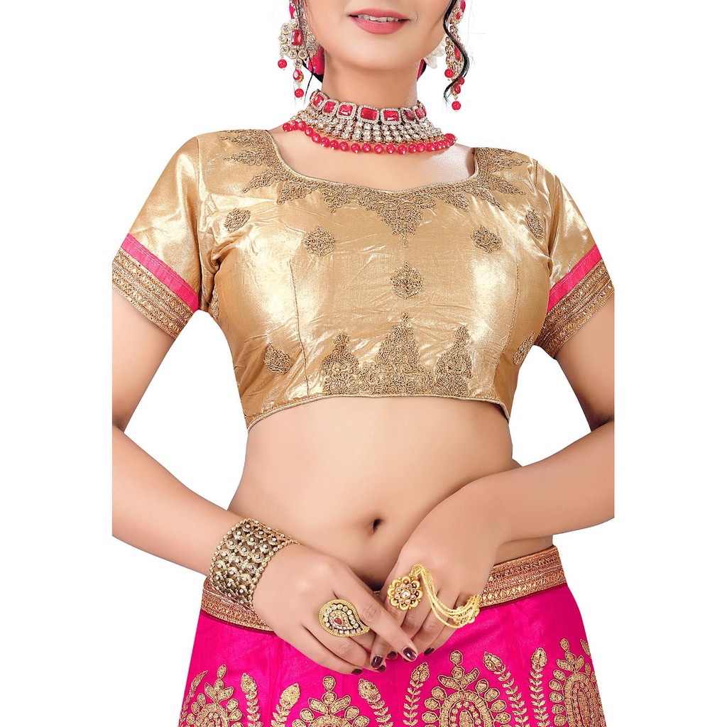 Lehenga Ấn Độ art silk thêu màu hồng cánh sen