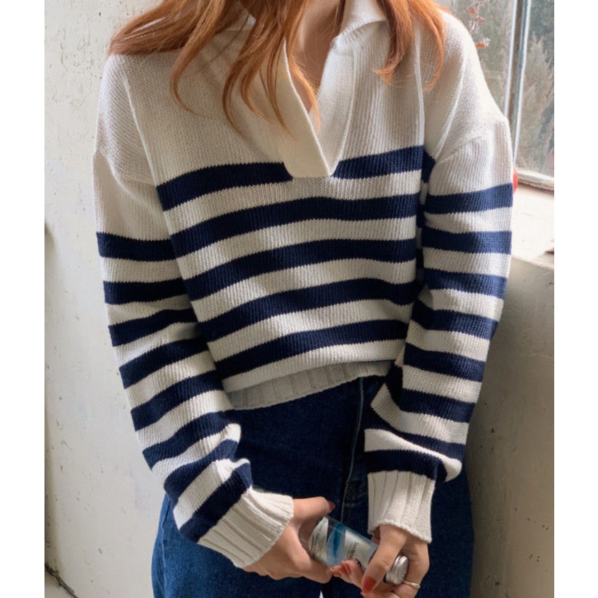 Áo Sweater Kẻ Sọc Hở Cổ Thời Trang Mùa Thu Phong Cách Hàn Quốc