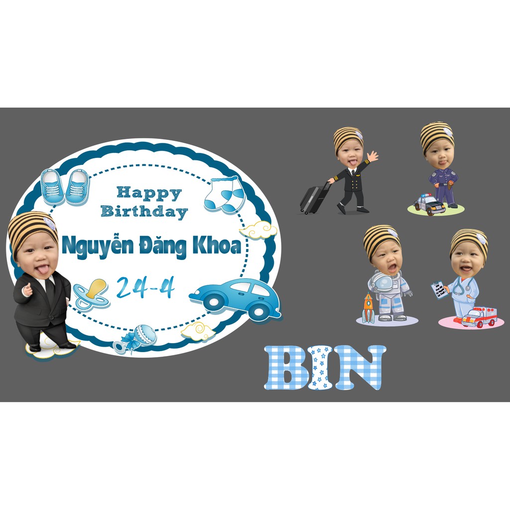 Combo hình chibi, bảng tên, welcome sinh nhật, trang trí bàn tiệc thiết kế riêng cho mỗi bé