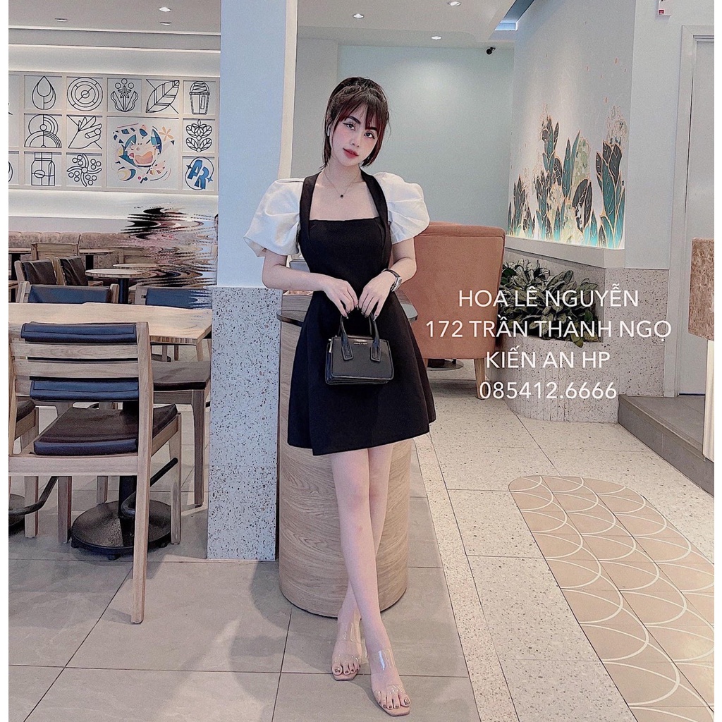 Đầm sơ mi hở lưng thiết kế tay bồng váy tiểu thư nữ cúc bọc DN532
