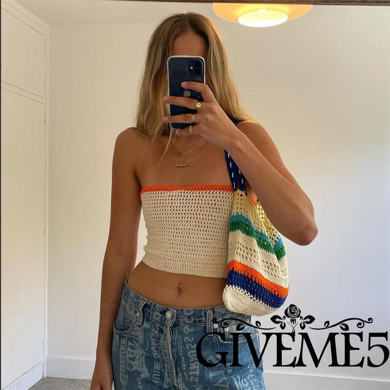GIVEME-Women Summer Knit Tube Tops, Strapless Back Tie-Up Sleeveless Slim Show Navel Tops