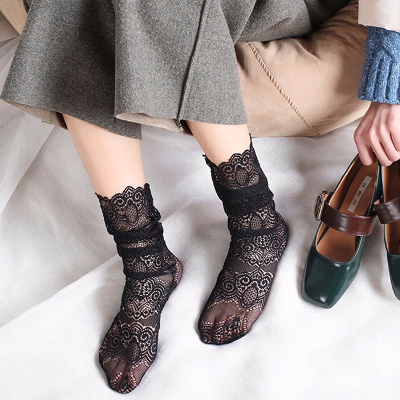 Tất Lưới Trong Suốt Phối Ren Đính Kim Tuyến Phong Cách Retro Gợi Cảm Cho Nữ