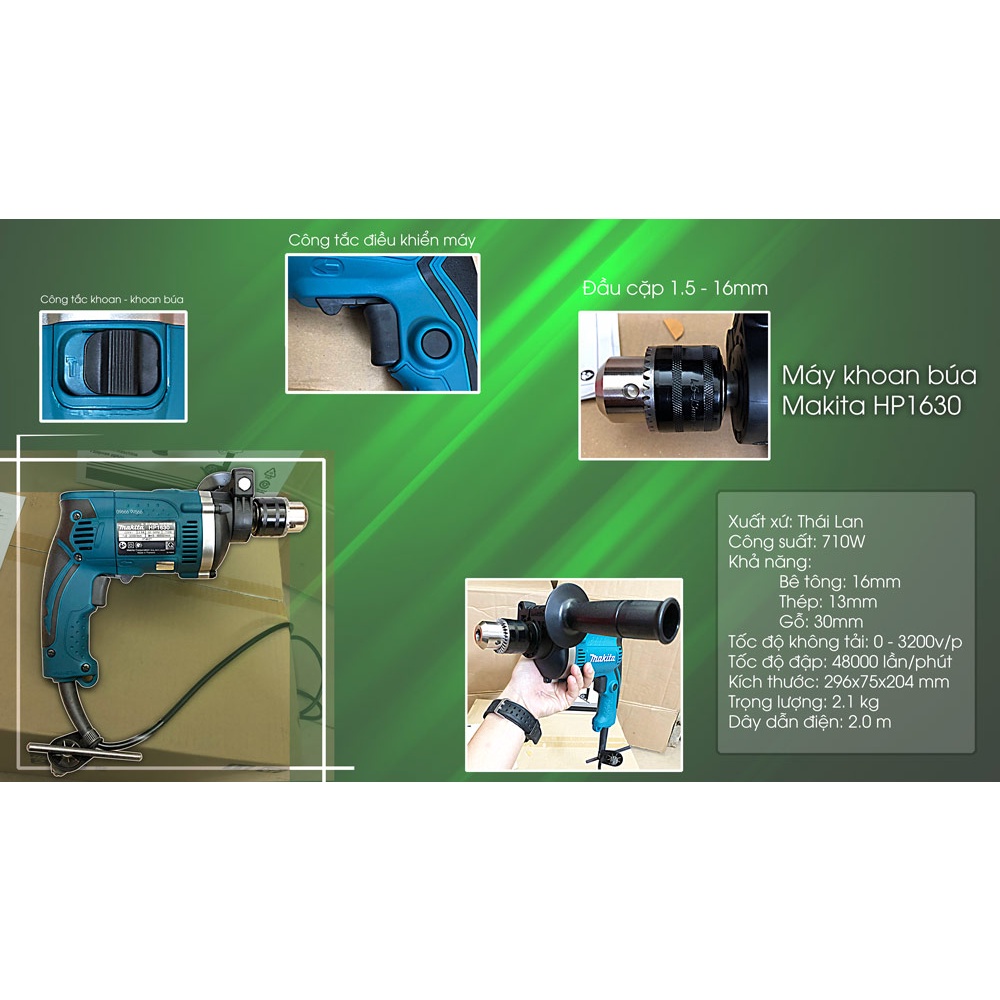 Máy Khoan Động Lực Máy Khoan Búa 13mm Makita HP1630 Công Suất 710W Lõi Đồng Cao Cấp Chức Năng Đảo Chiều, Thay Đổi Tốc Độ