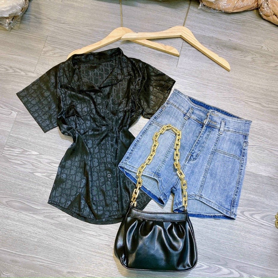 Áo sơ mi tay ngắn hs phi lụa chữ kiểu 2 túi trước cực xinh , chất lụa mềm mịn mát