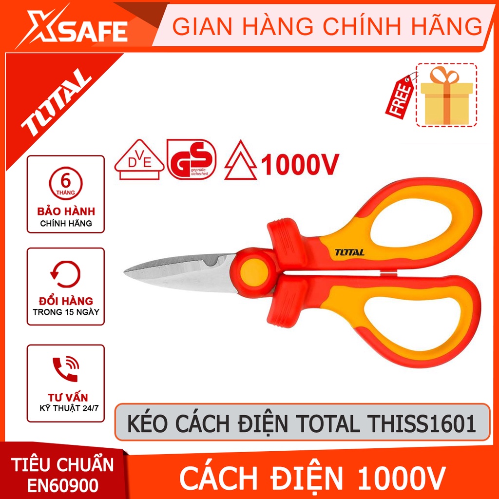 Kéo đa năng cách điện TOTAL THISS1601 cách điện 1000V, lưỡi thép không gỉ, kích thước 160mm, chứng nhận VDE/GS - [XSAFE]