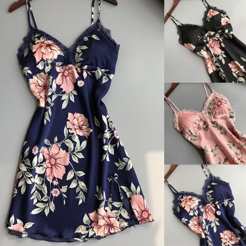 Váy ngủ chất liệu satin cao cấp hoạ tiết hoa 1474