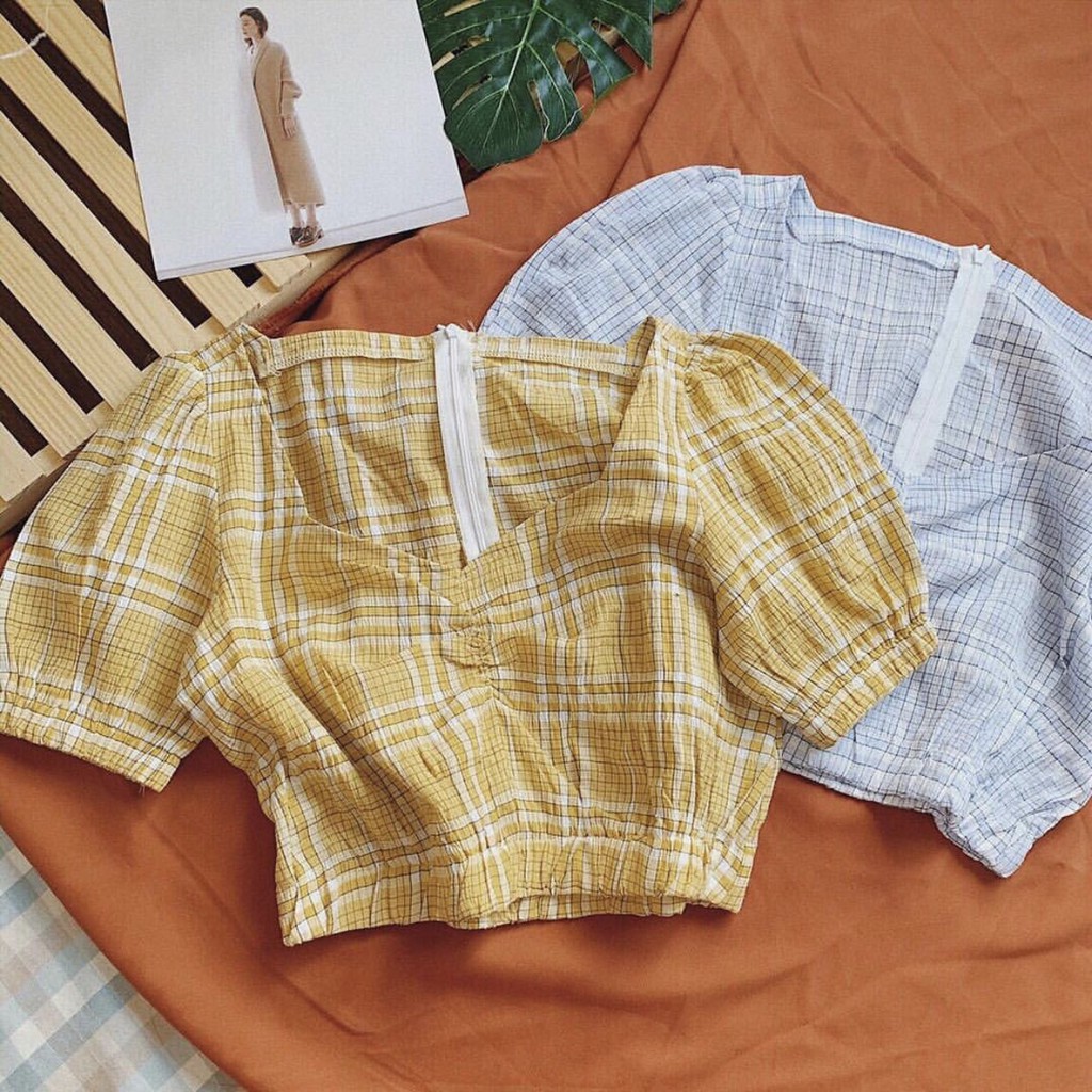 Áo mili caro crop (hình thật trải sàn)