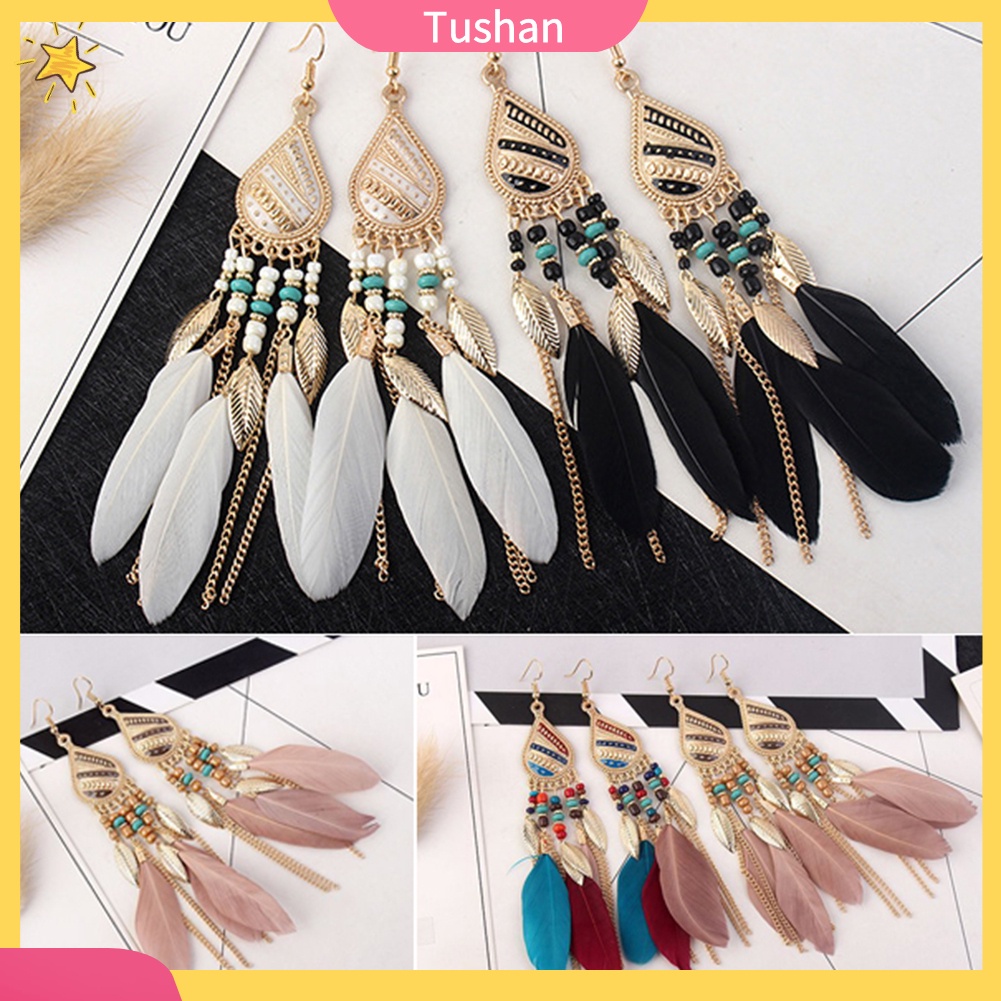 Khuyên tai dáng dài đính lông vũ phong cách thanh lịch dành cho nữ