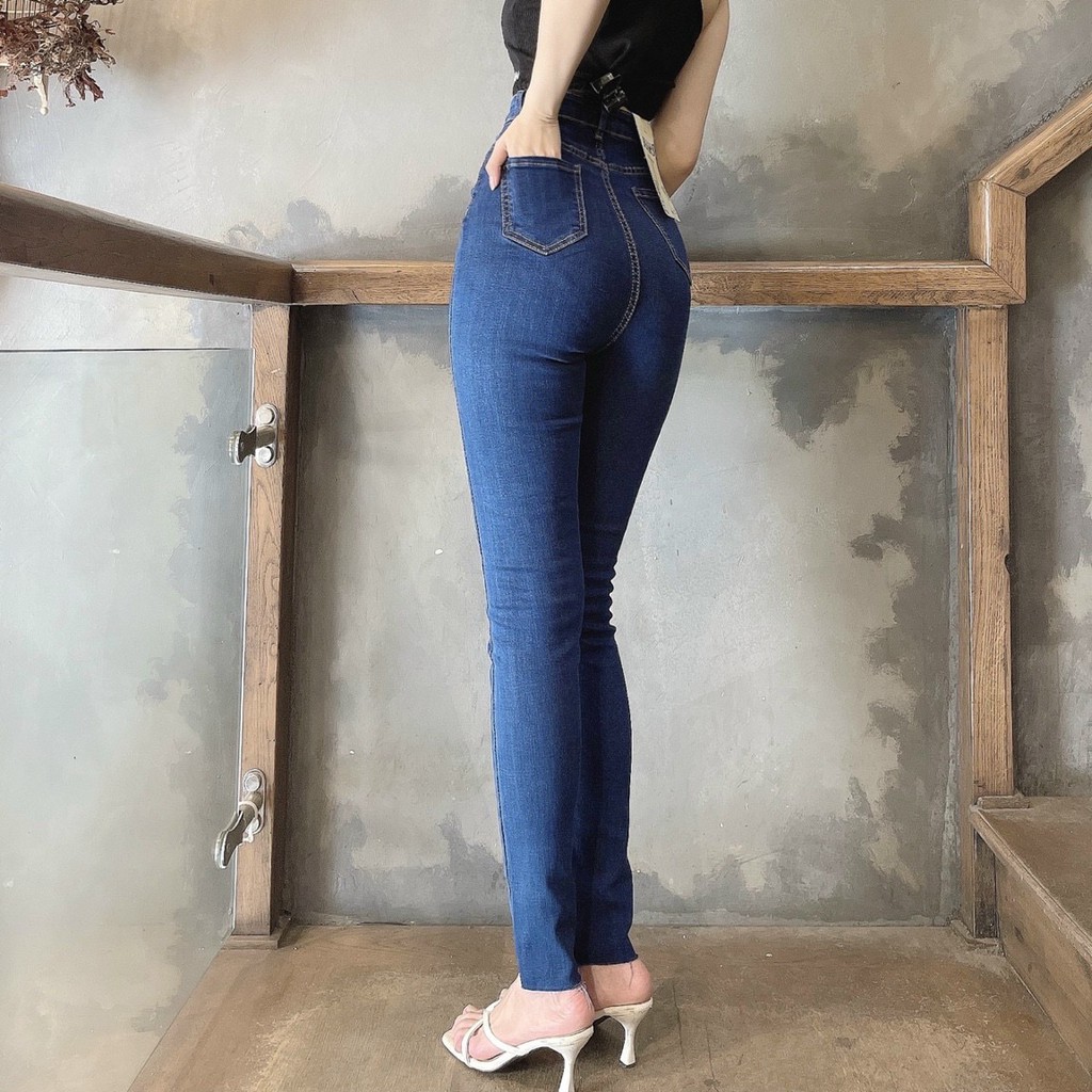 Quần jeans lưng siêu cao trơn lai cắt QJ393