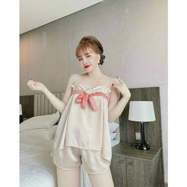 Đồ bộ đùi nữ mặc nhà, bộ ngủ dễ thương hai dây chất lụa satin cao cấp CARY